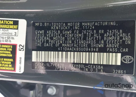 2025 Toyota Camry Le/Se/Xle/Xse z USA, uszkodzony, nr VIN 4T1DAACK8S4084948